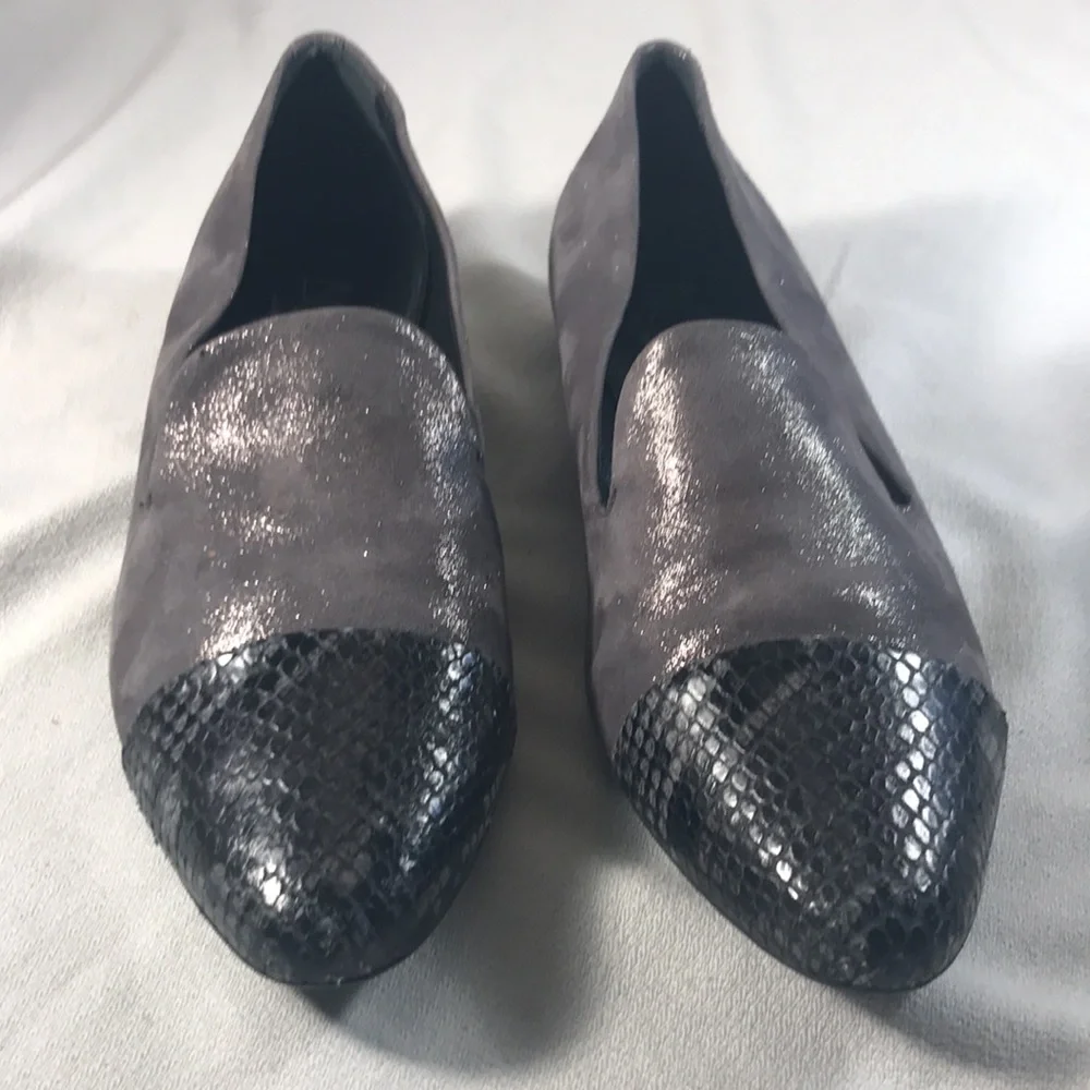 AGL Women's Dalia Sparkly Gray Suede With Gray & Black Reptile Cap Toe Loafers